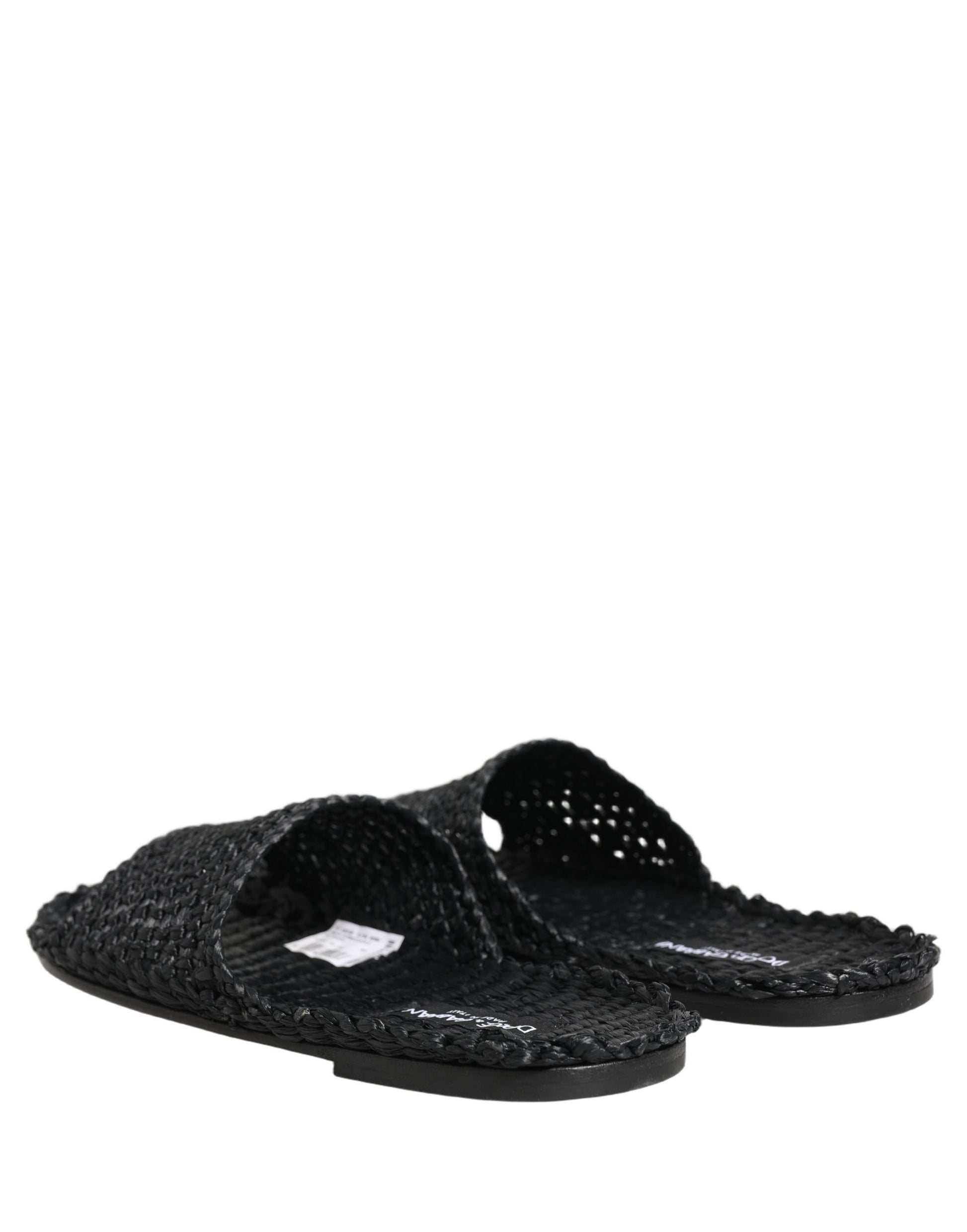 Dolce & Gabbana Black Straw Raffia Slides Sandals Flats Shoes Dolce & Gabbana
