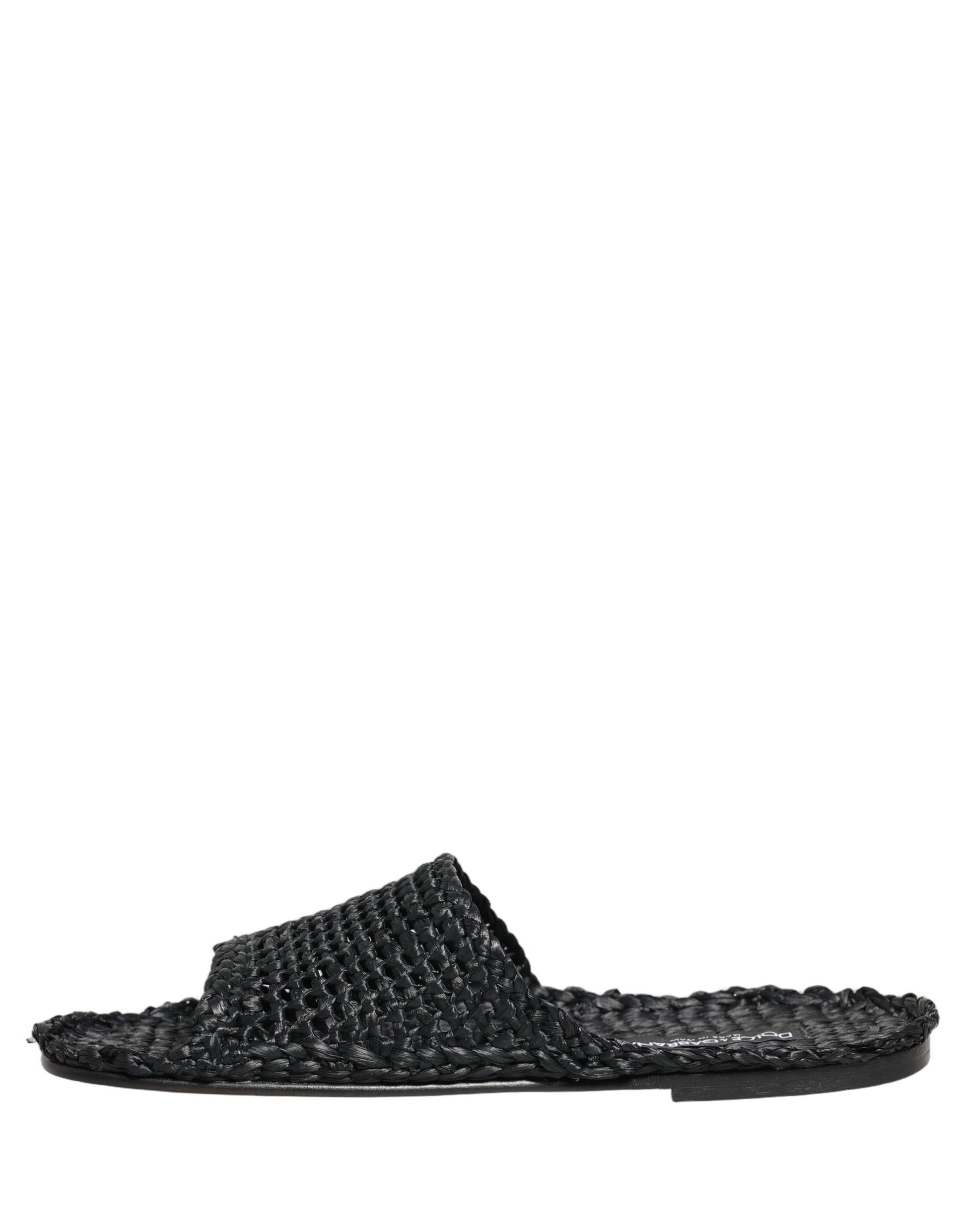 Dolce & Gabbana Black Straw Raffia Slides Sandals Flats Shoes Dolce & Gabbana