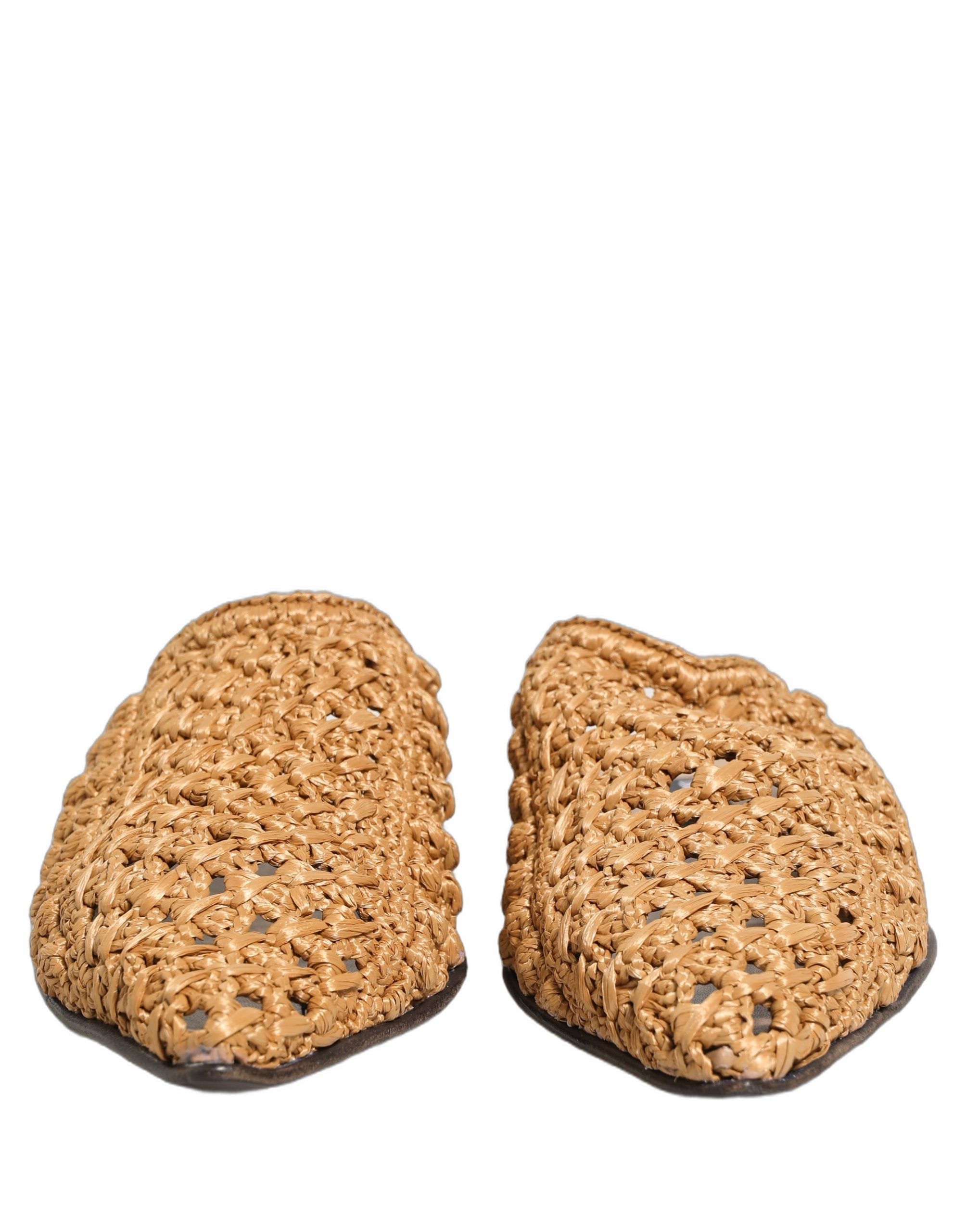 Dolce & Gabbana Beige Woven Straw Slides Sandals Flats Shoes Dolce & Gabbana