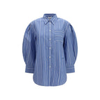 Ganni blue cotton shirt with a patterned design, long sleeves and button-front, casual stylish top for women.