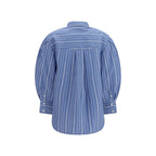 Ganni blue cotton patterned shirt with long sleeves and button-front, casual stylish top for women.