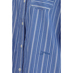 Ganni blue cotton patterned shirt with long sleeves and a classic collar, displayed on a hanger.