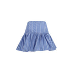 Ganni blue cotton mini skirt displayed on a hanger, showcasing a stylish and casual fashion piece for women.
