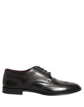 Dolce & Gabbana black leather derby dress shoes with intricate embroidery and sleek design.