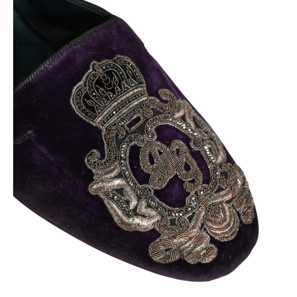 Dolce & Gabbana Purple Velvet Crown Embroidery Loafers Shoes Dolce & Gabbana