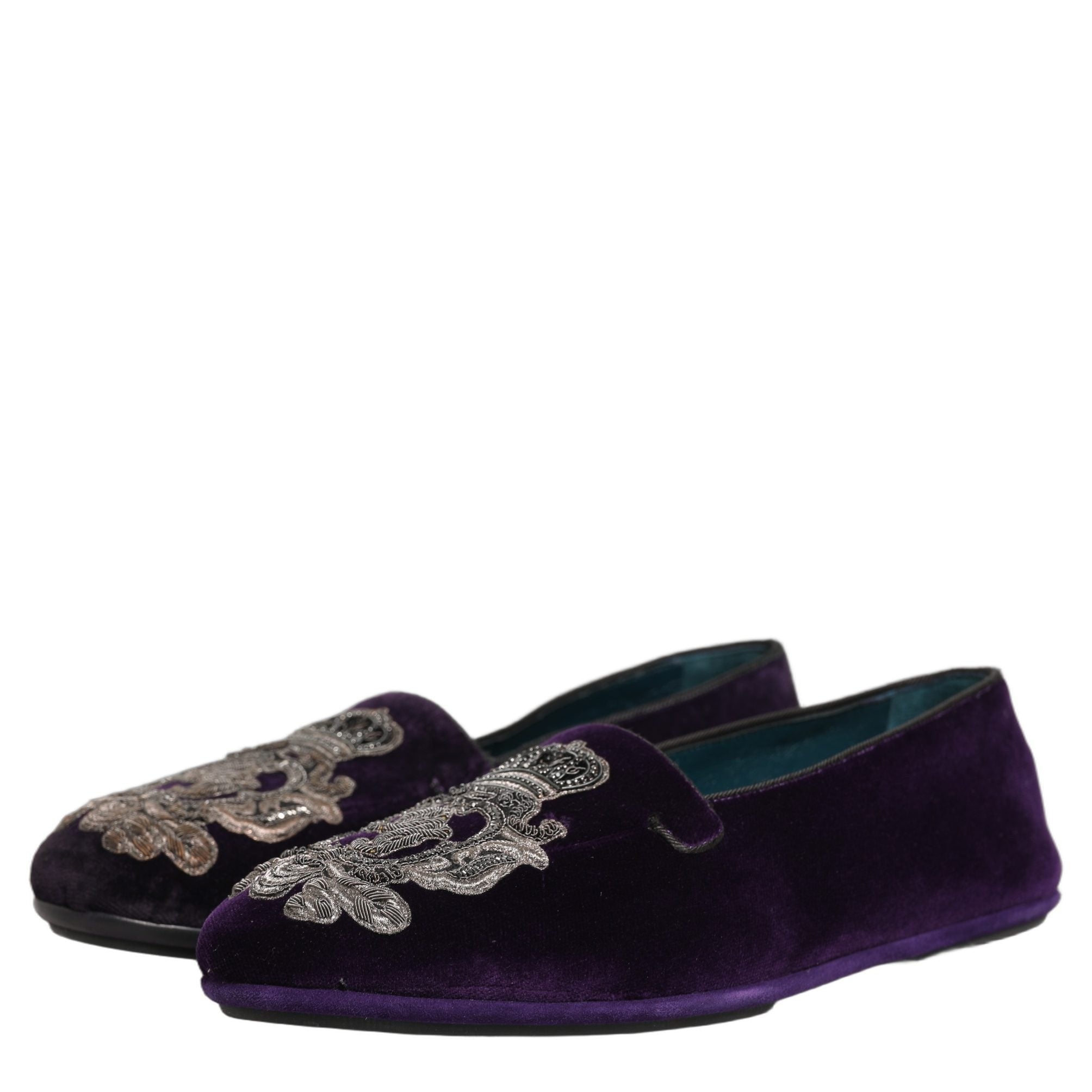 Dolce & Gabbana Purple Velvet Crown Embroidery Loafers Shoes Dolce & Gabbana