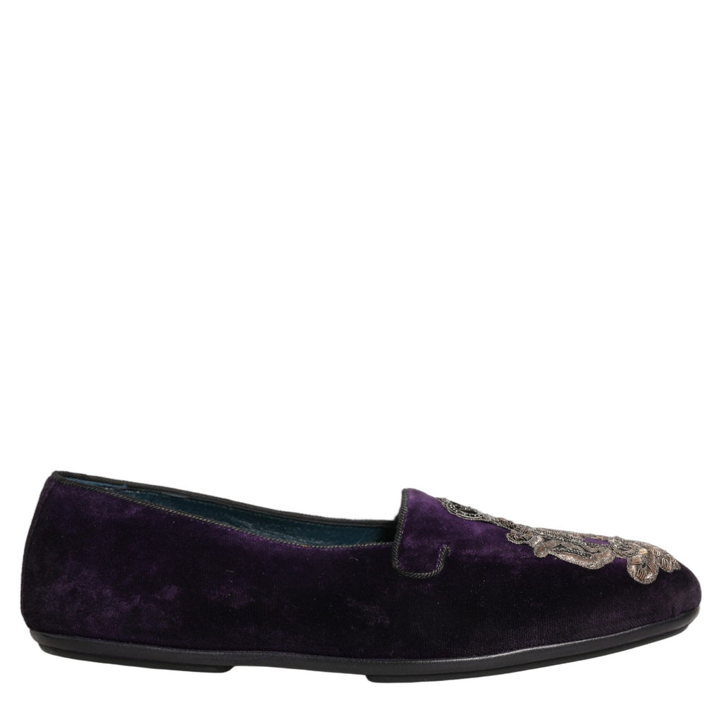 Dolce & Gabbana Purple Velvet Crown Embroidery Loafers Shoes Dolce & Gabbana