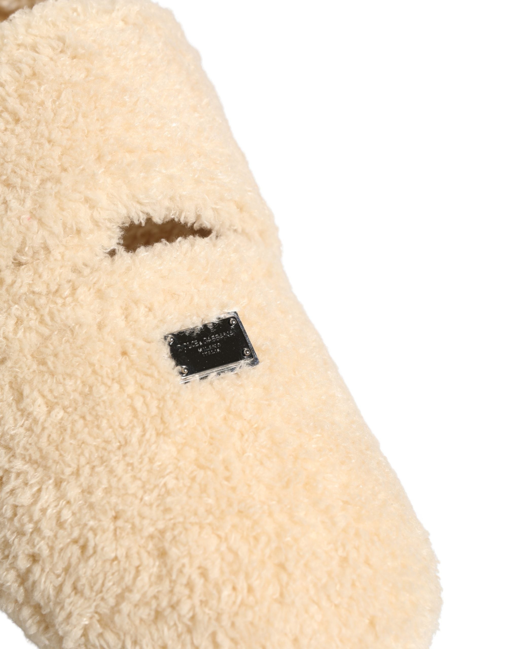 Dolce & Gabbana Beige Faux Fur Flats Men Slides Sandals Shoes Dolce & Gabbana