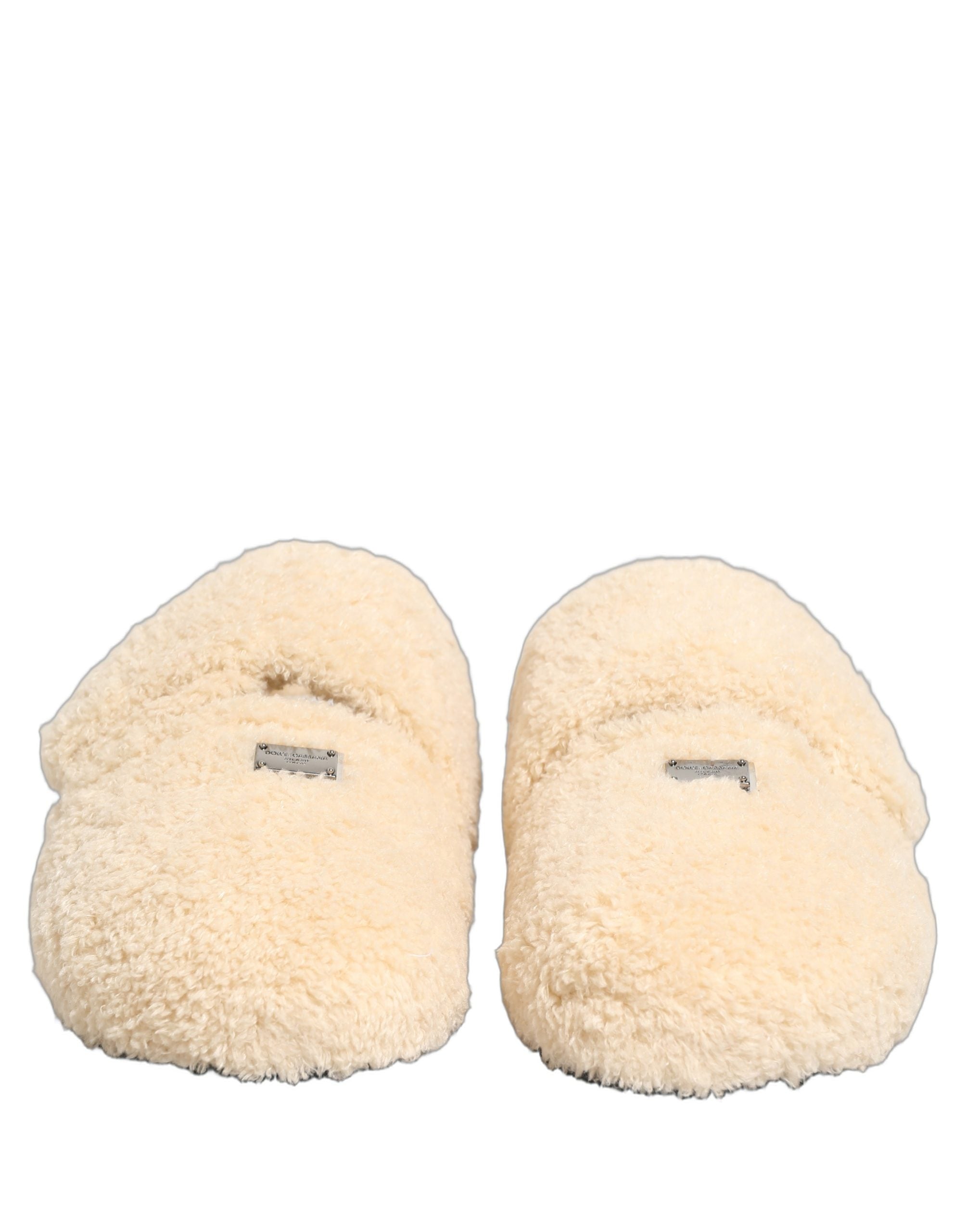 Dolce & Gabbana Beige Faux Fur Flats Men Slides Sandals Shoes Dolce & Gabbana