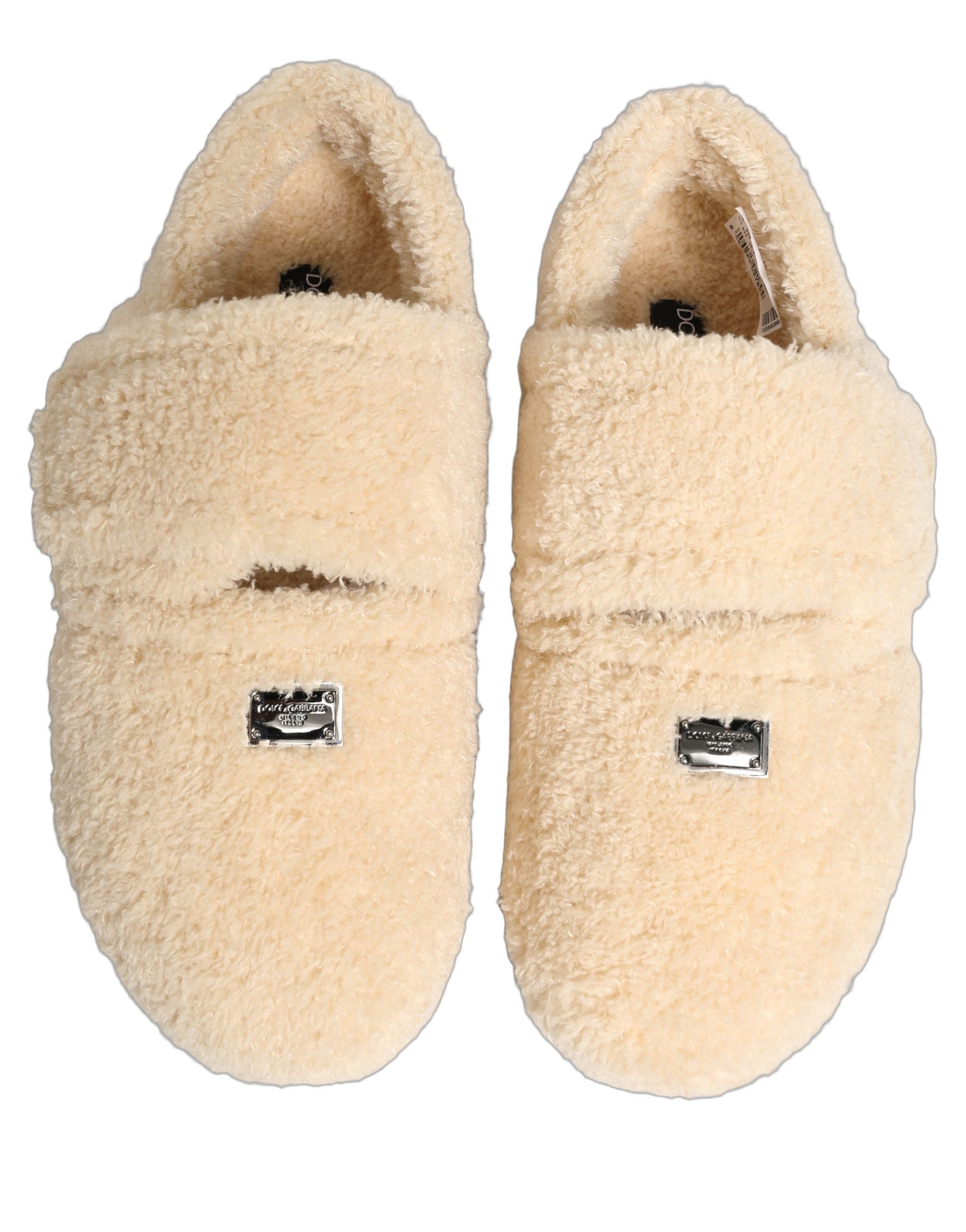 Dolce & Gabbana Beige Faux Fur Flats Men Slides Sandals Shoes Dolce & Gabbana