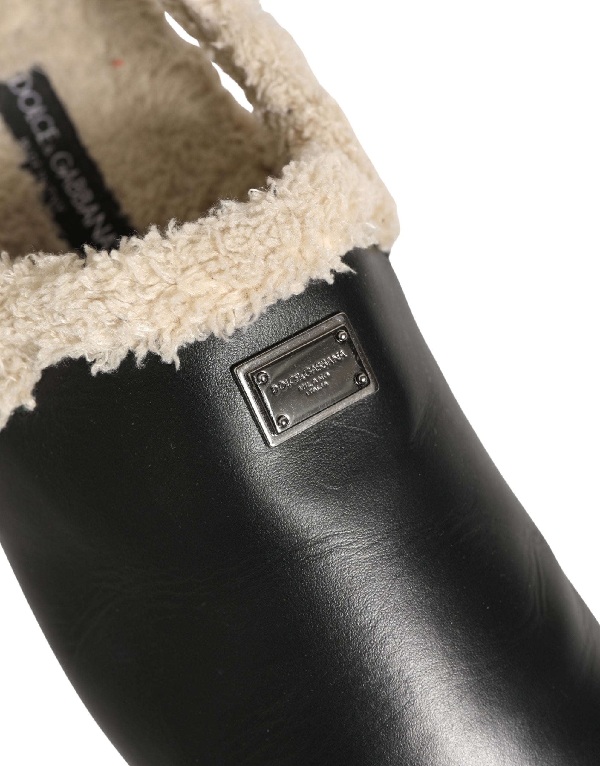 Dolce & Gabbana Beige Black Fur Shearling Slides Sandals Shoes Dolce & Gabbana