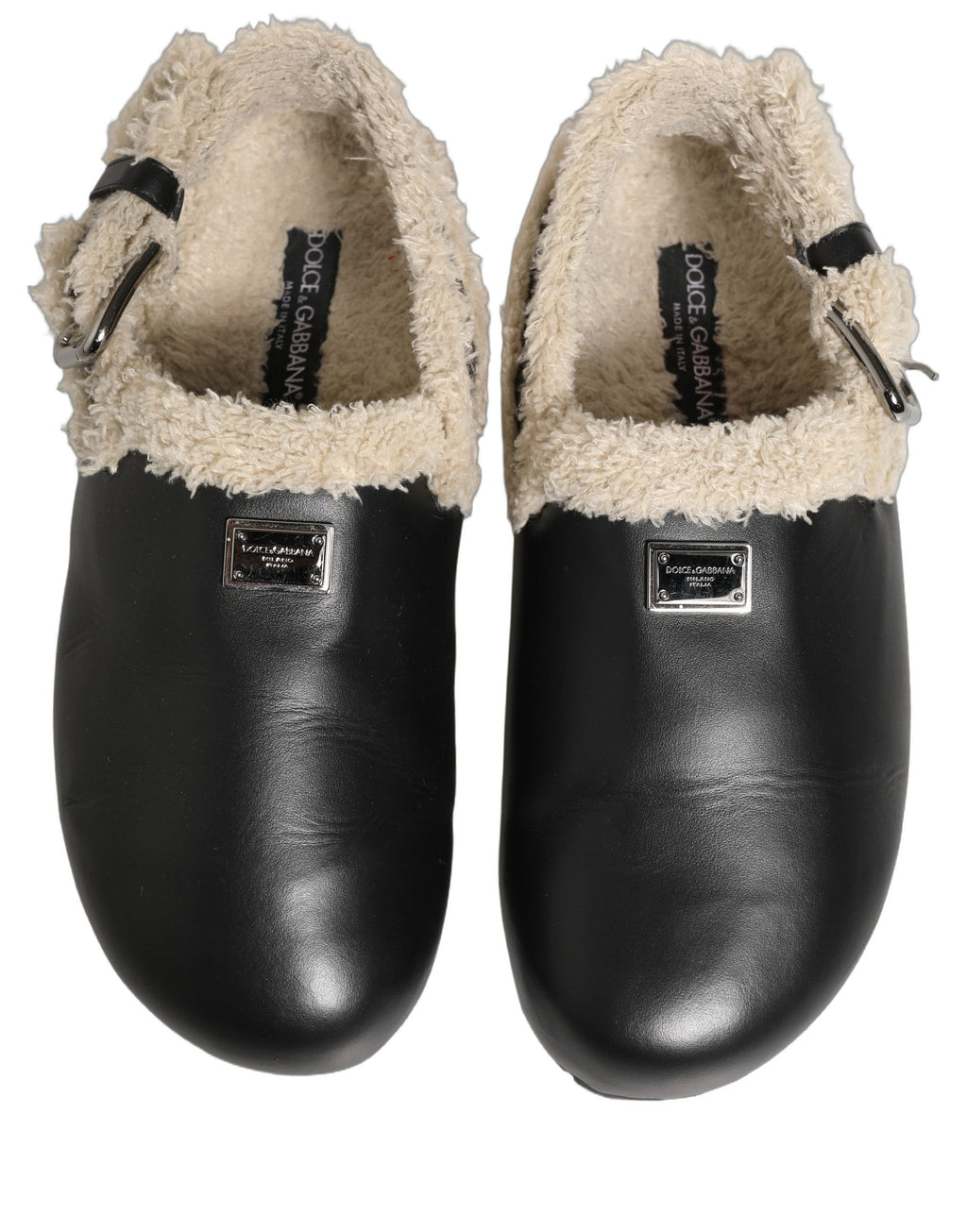 Dolce & Gabbana Beige Black Fur Shearling Slides Sandals Shoes Dolce & Gabbana