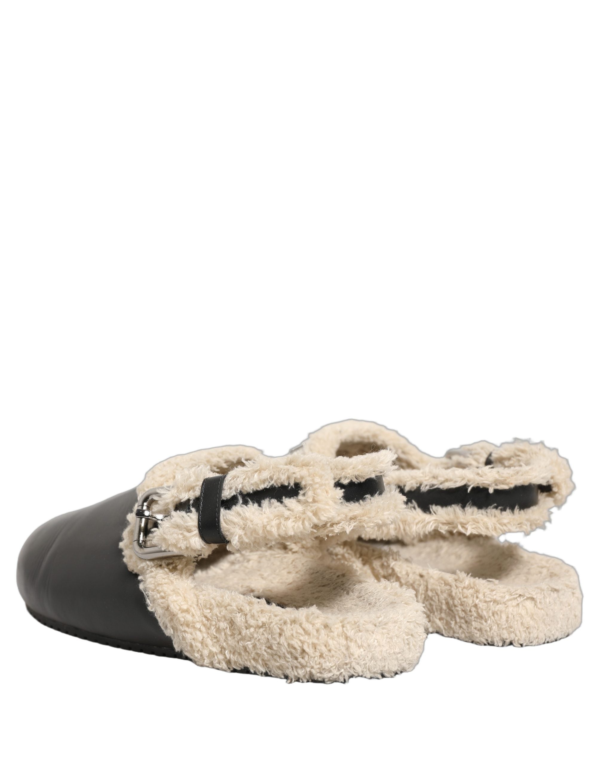 Dolce & Gabbana Beige Black Fur Shearling Slides Sandals Shoes Dolce & Gabbana