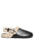 Dolce & Gabbana Beige Black Fur Shearling Slides Sandals Shoes Dolce & Gabbana