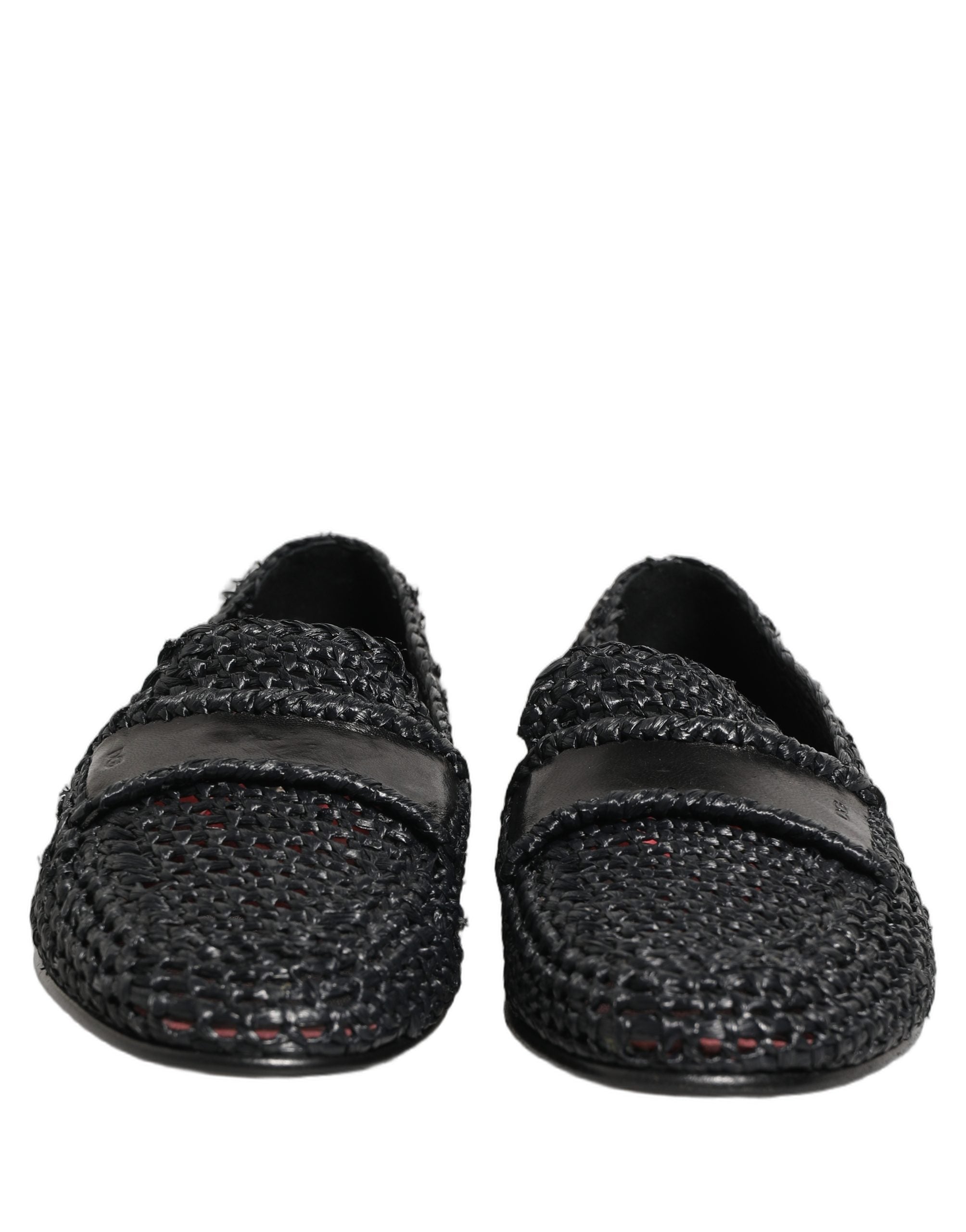 Dolce & Gabbana Black Woven Raffia Slip On Loafers Shoes Dolce & Gabbana