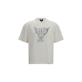 Represent white cotton T-shirt with crew neck and short sleeves, displayed flat on a white background.