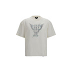 Represent white cotton T-shirt with crew neck and short sleeves, displayed flat on a white background.