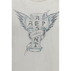 Represent white cotton T-shirt with crew neckline and short sleeves, displayed flat on a plain background.