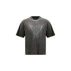 Represent gray cotton T-shirt with round neckline, soft fabric, and minimal branding, displayed flat on a white background.