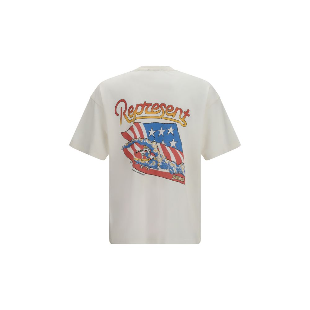 Represent white cotton T-shirt with crew neck and short sleeves, displayed flat on a white background.