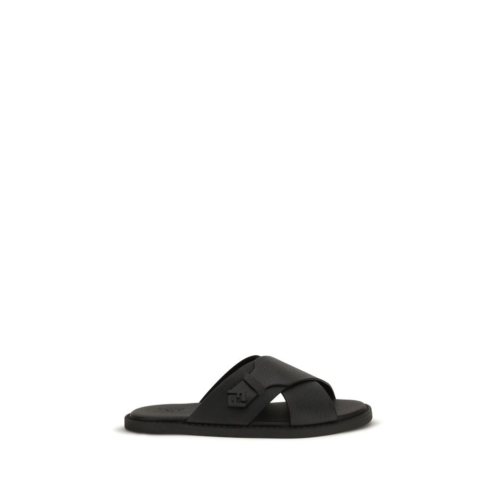Fendi Black Calf Leather Bos Taurus Flat Sandals Fendi