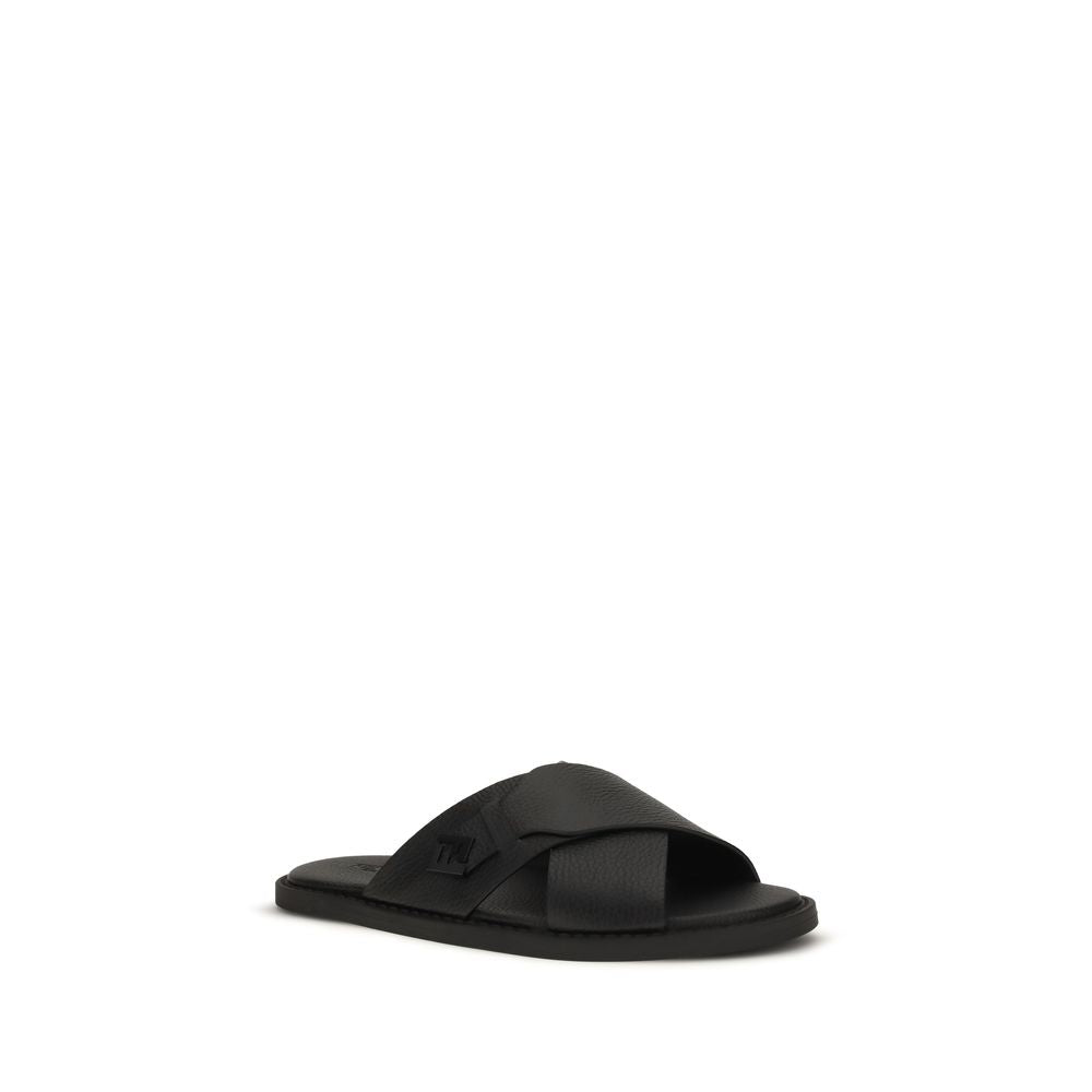 Fendi Black Calf Leather Bos Taurus Flat Sandals Fendi