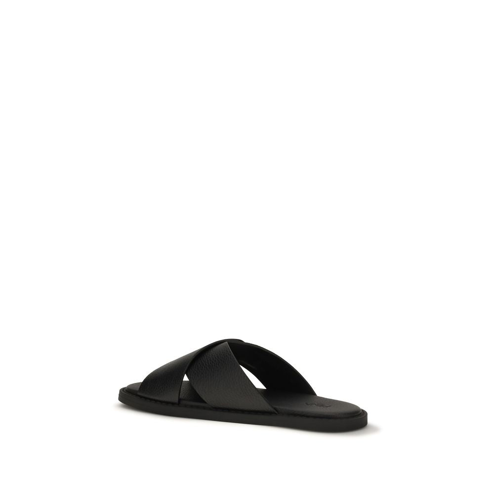 Fendi Black Calf Leather Bos Taurus Flat Sandals Fendi