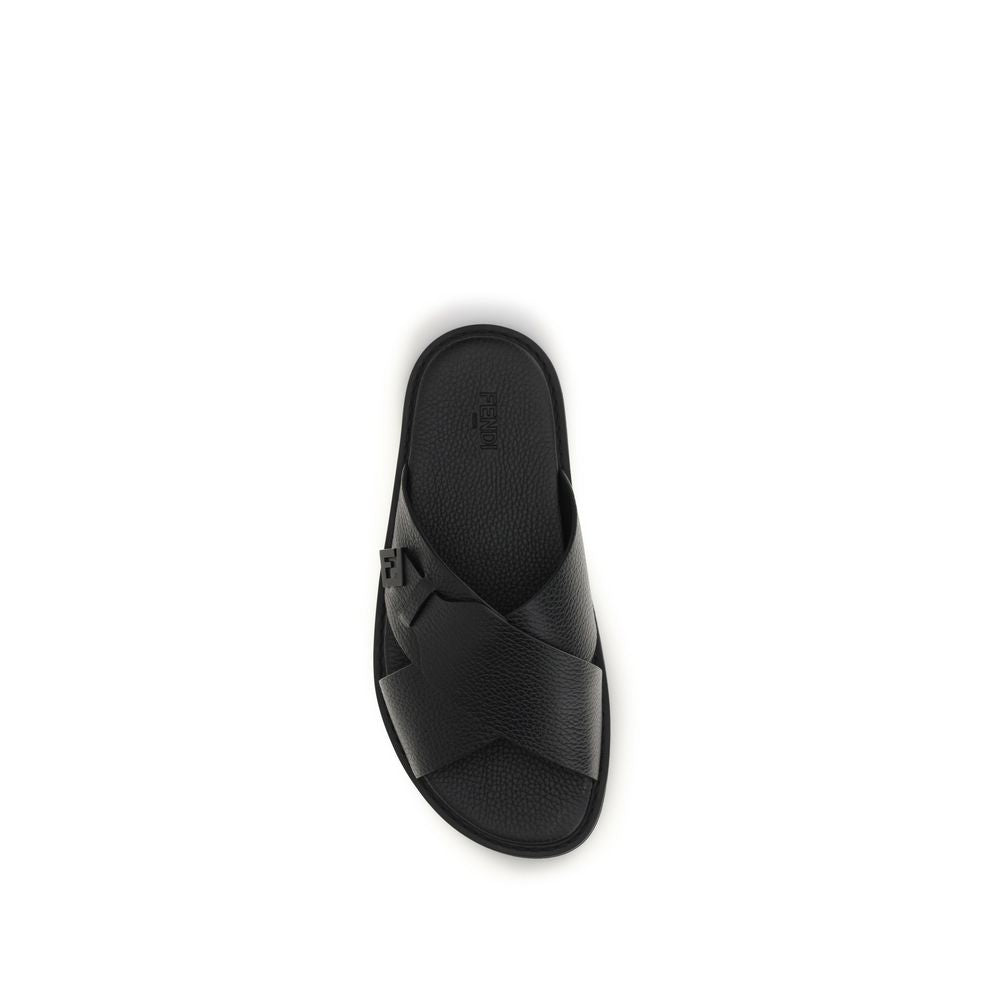 Fendi Black Calf Leather Bos Taurus Flat Sandals Fendi