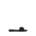 Fendi black calf leather Bos Taurus flat sandals with open toe and ankle strap, stylish and comfortable footwear.