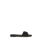 Fendi black calf leather Bos Taurus flat sandals with open toe and ankle strap, stylish and comfortable footwear.