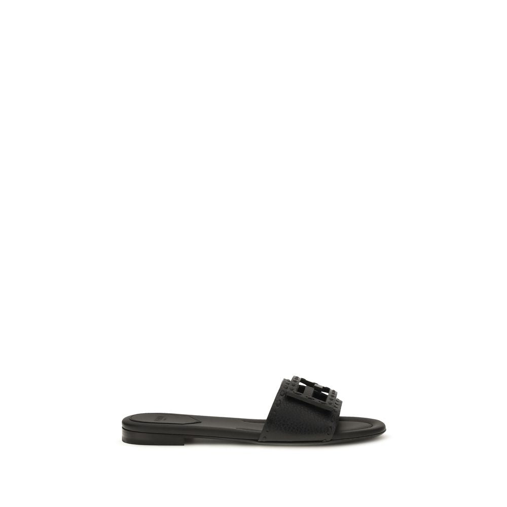 Fendi Black Calf Leather Bos Taurus Flat Sandals Fendi