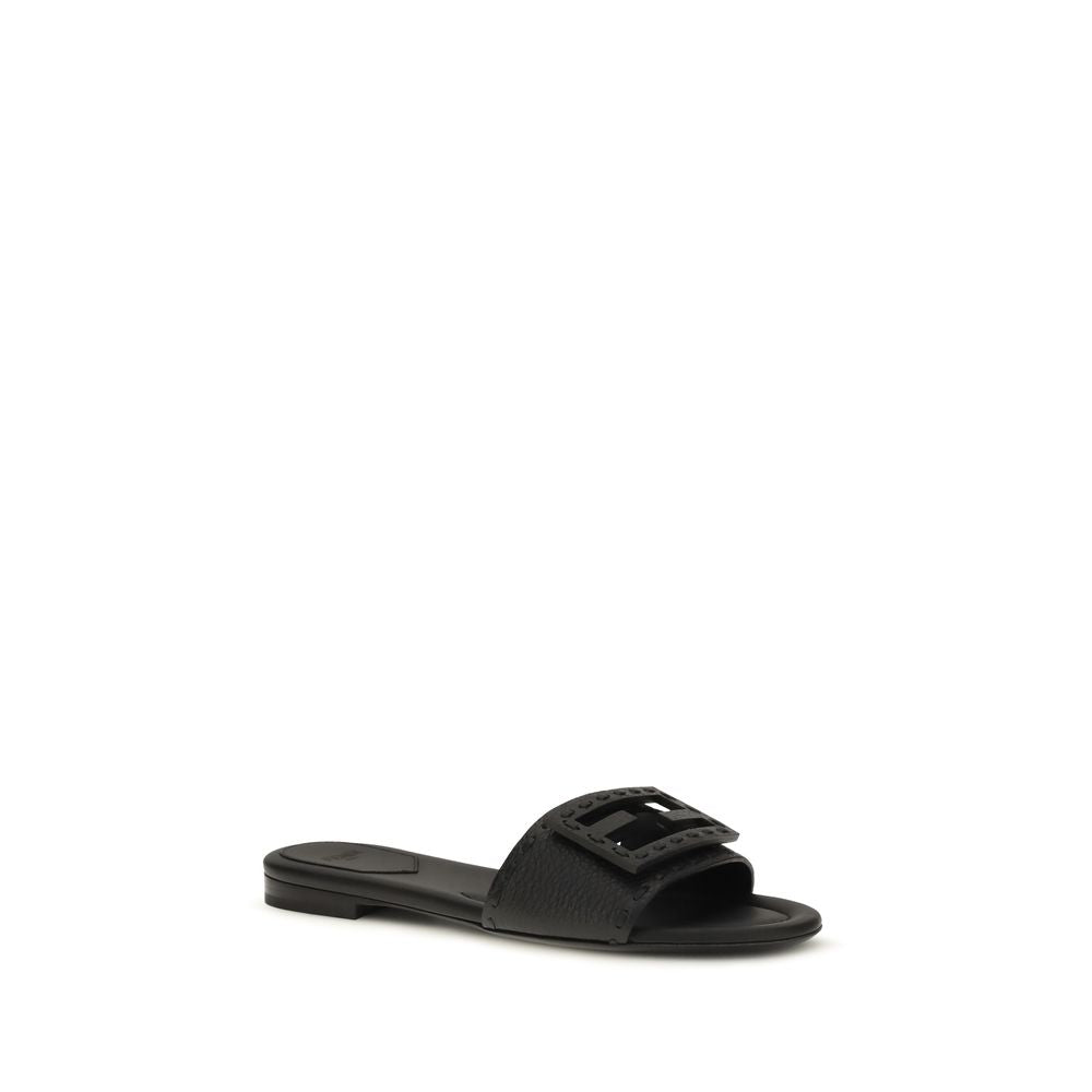 Fendi Black Calf Leather Bos Taurus Flat Sandals Fendi