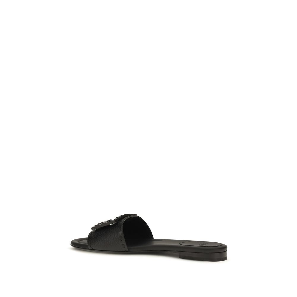 Fendi Black Calf Leather Bos Taurus Flat Sandals Fendi