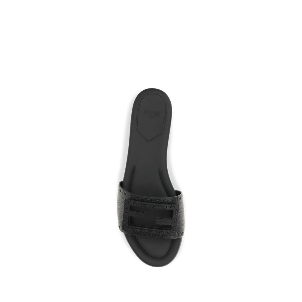 Fendi Black Calf Leather Bos Taurus Flat Sandals Fendi
