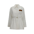 Fendi white linen full-length jacket displayed on a hanger, showcasing its tailored design and lightweight fabric.