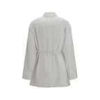 Fendi white linen full-length jacket displayed on a mannequin, showcasing its elegant design and tailored fit.