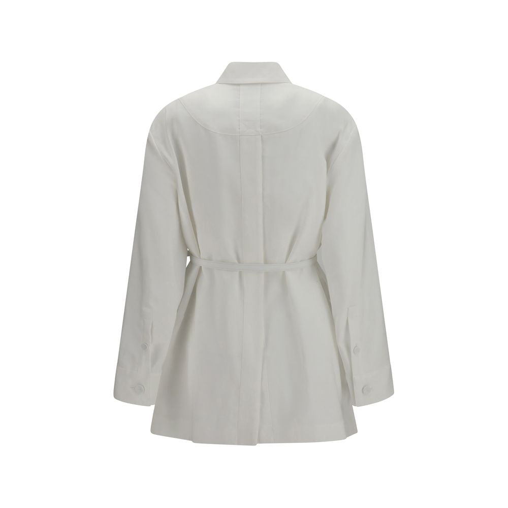 Fendi white linen full-length jacket displayed on a mannequin, showcasing its elegant design and tailored fit.