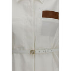 Fendi white linen full-length jacket displayed on a hanger, showcasing its elegant design and lightweight fabric.