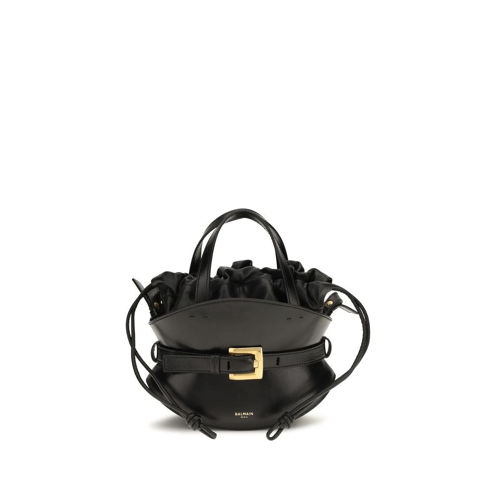 Balmain black calf leather Bos Taurus shoulder bag with gold hardware and structured design, featuring top handle and adjustable strap.