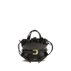 Balmain black calf leather Bos Taurus shoulder bag with gold hardware and structured design, featuring top handle and adjustable strap.