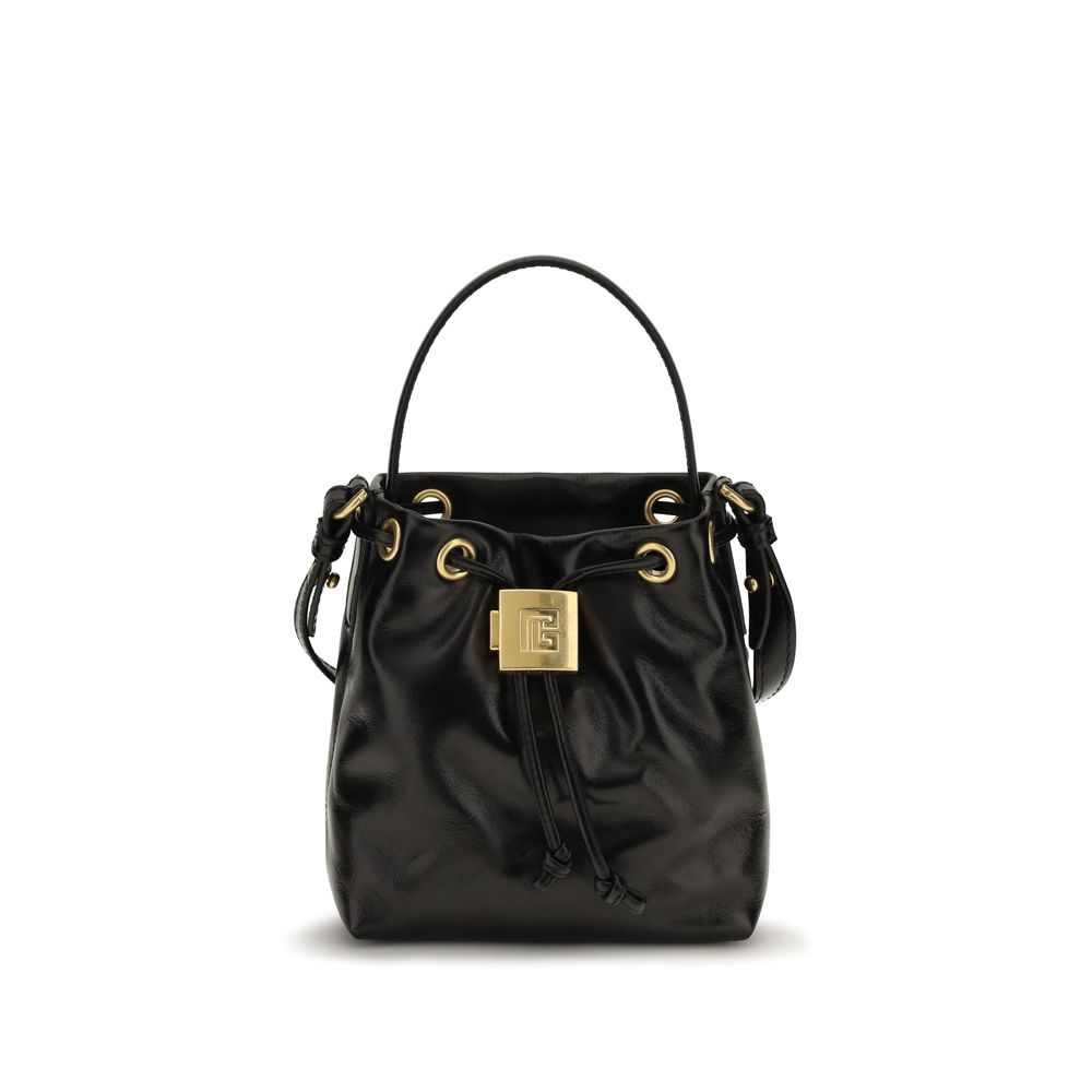 Balmain black calf leather Bos Taurus basket bag with structured design and top handles, showcasing luxury craftsmanship.