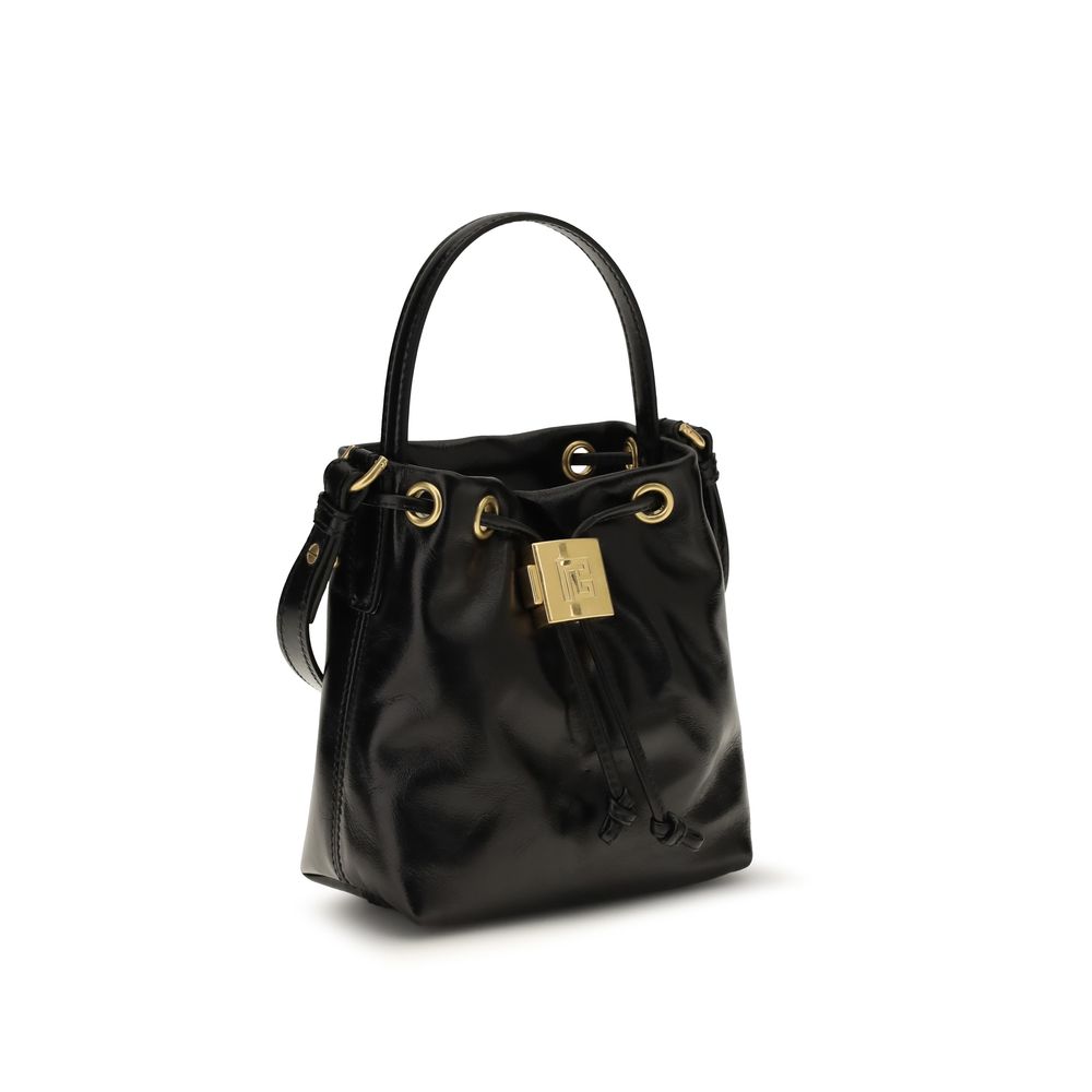 Balmain black calf leather Bos Taurus bucket bag with gold-tone hardware and structured design.