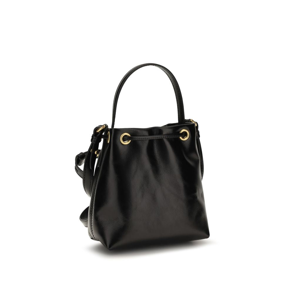 Balmain black calf leather Bos Taurus bucket bag with gold-tone hardware and adjustable strap.