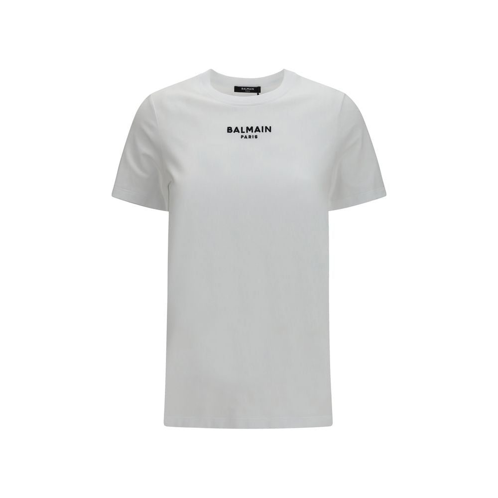 White cotton T-shirt by Balmain featuring a classic fit and subtle branding, displayed on a plain background.
