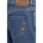 Balmain blue cotton denim jeans with classic five-pocket design and straight-leg fit, displayed on a neutral background.