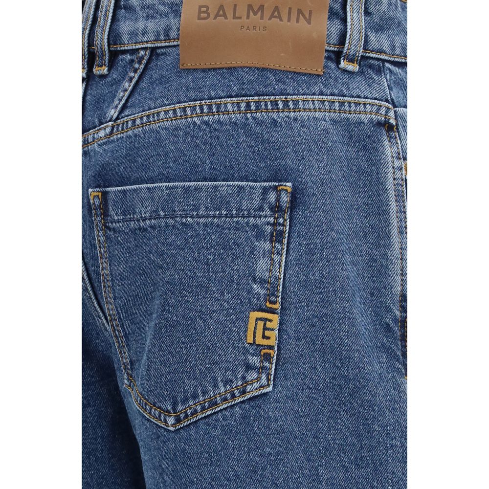 Balmain blue cotton denim jeans with classic five-pocket design and straight-leg fit, displayed on a neutral background.