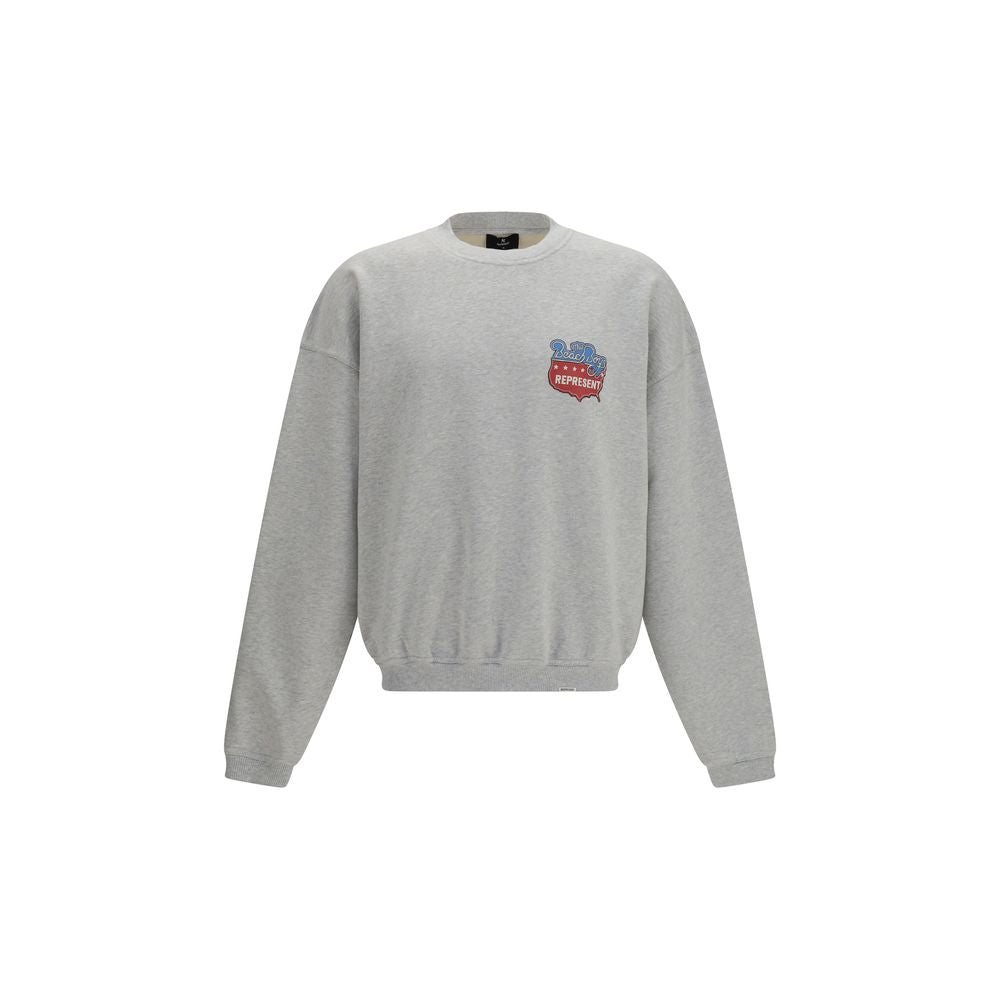 Represent gray cotton sweatshirt with a relaxed fit, featuring a crew neckline and minimal branding, displayed on a hanger.
