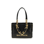 Balmain black calf leather Bos Taurus shoulder bag with silver hardware and structured design.