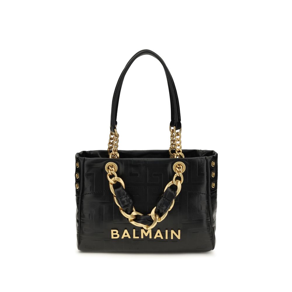 Balmain black calf leather Bos Taurus shoulder bag with silver hardware and structured design.