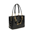 Balmain Black Calf Leather Bos Taurus Shoulder Bag with top handle and gold-tone hardware, featuring a sleek, structured design.
